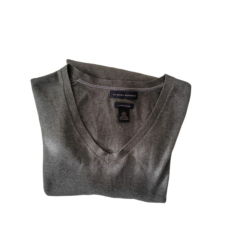 Banana Republic Mens V Nk Sweater Luxury Blend Silk Cotton Cashmere‎ Gray Size L